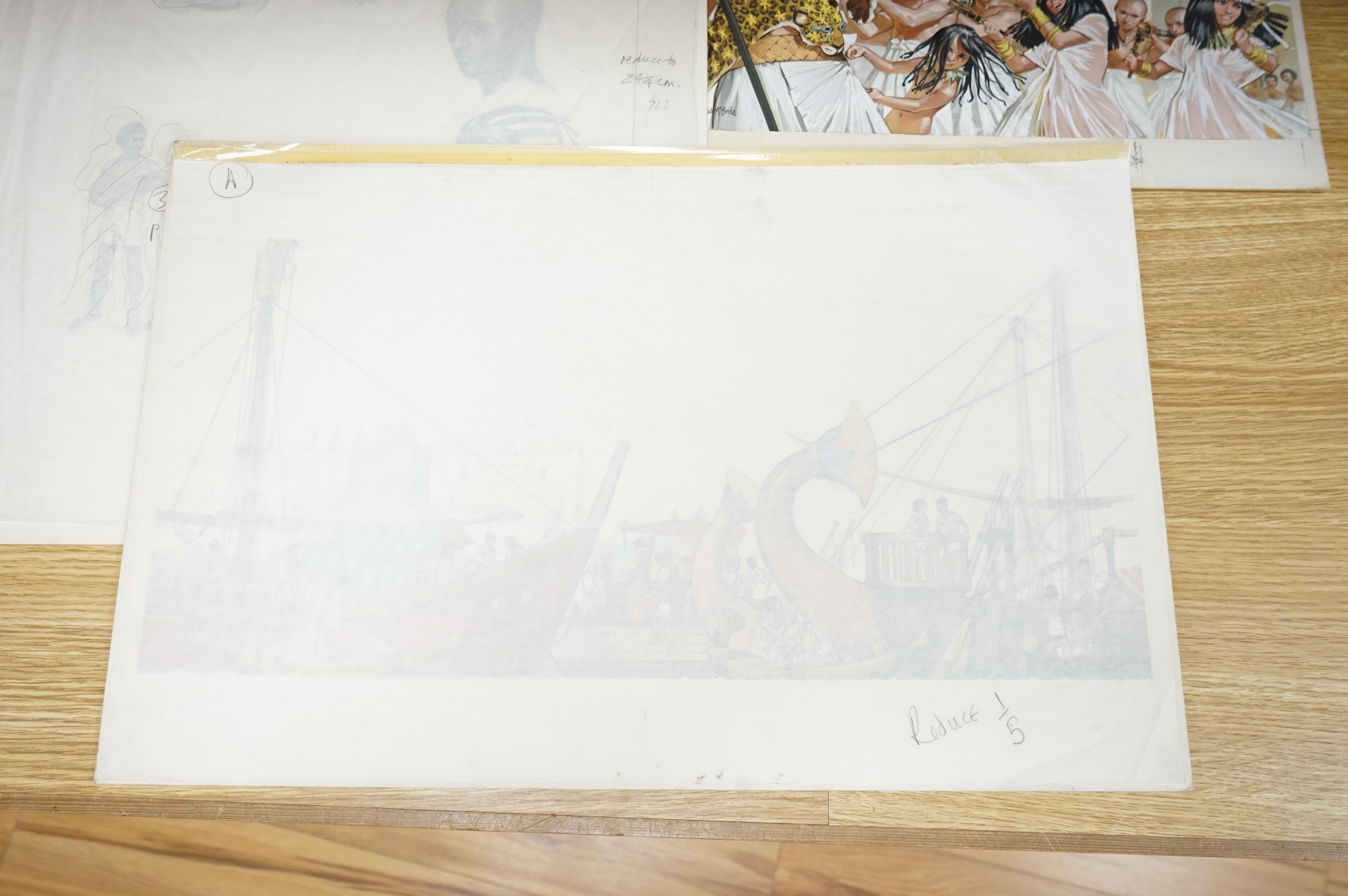 Angus McBride (1931-2007), five illustrations from 'One day in Tutankhamun's Egypt' to include Processions, Pyramid building and Studies of Pharoahs, watercolour and gouaches, largest 38 x 80cm, unframed, together with t